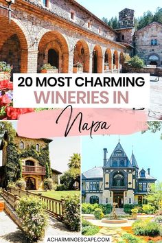 the top 20 most charming wineries in napa, with text overlaying it