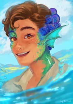 a digital painting of a boy with blue flowers on his head in the middle of water