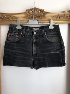 Sz L Across Waist 37cm Hips 53cm Length 33cm 90s Style High-waisted Cotton Shorts, 90s Black Shorts With Pockets, Vintage Black Denim Shorts, High-waisted Washed Black Jean Shorts With Pockets, Brown Silk Dress, Black Denim Bottoms With Built-in Shorts, 80s Shorts, Vintage Denim Shorts, Dance Event