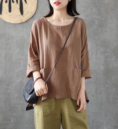 Length Sleeve Summer Women Casual Blouse Cotton Linen Shirts Tops Baggy Solid Top With Pockets, Baggy Top With Pockets, Khaki Solid Color Summer Blouse, Summer Khaki Solid Color Tops, Summer Khaki Blouse With Relaxed Fit, Summer Khaki Blouse Relaxed Fit, Summer Khaki Relaxed Fit Blouse, Casual Brown Summer Blouse, Summer Relaxed Fit Khaki Blouse