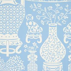 a blue and white wallpaper with vases, flowers and other decorative items on it