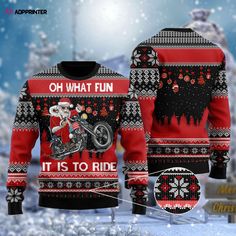 Santa Biker Ugly Sweater: Oh What Fun It Is to Ride & Spread Holiday Cheer! Christmas Sweater Men, Sweater For Men, Chic Sweaters, Printed Sweater, Wool Blend Sweater, Bold Prints, Ugly Sweater, Ugly Christmas, Christmas Sweater