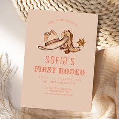 a pink baby shower card with a cowboy boot and star on the bottom that says, sofia's first rodeo