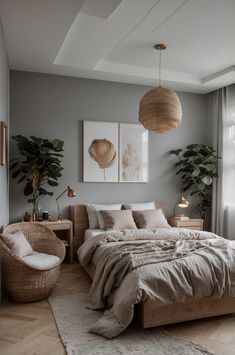 a bedroom with grey walls and wooden flooring is pictured in this image, there are two lamps hanging above the bed