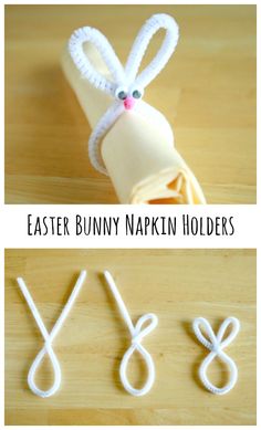 an easter bunny napkin holder made out of twine and yarn with the words,'happy