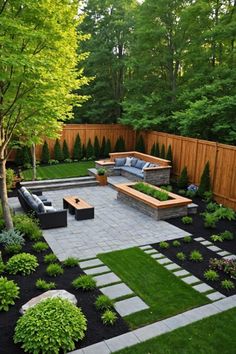 an outdoor patio with seating and landscaping