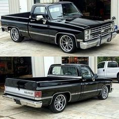 two pictures of the same black pickup truck