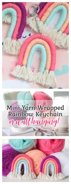 three different pictures of yarns with the words mini yarn wrapped rainbow keychain