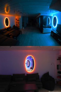 two pictures of a living room with blue and purple lights on the walls, one in front of a black couch