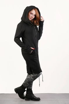 "Black Hoodie, Plus Size Clothing for Women, Black Gothic Jacket Express Shipping to the USA, UPS Courier for free Delivery 3-5 Business Days Thanks for your love for the Hoodie/Coat ♥ Let me tell You about this product... Long, zip up knit sweatshirts. Sophisticated sleeves with thumb holes which make it warm and comfortable. Sweatshirt made of: 90% cotton 10% polyester Good quality, soft fabric which stretches slightly to fit your body and is therefore very comfortable to wear. Sweatshirt sewn Urban Winter Hoodie For Cold Weather, Black Hooded Jacket With Pockets For Fall, Fall Black Hooded Jacket With Pockets, Black Hooded Winter Parka, Winter Black Hooded Parka, Urban Hooded Jacket With Fleece Lining, Black Techwear Parka For Fall, Hooded Jacket With Zipper Closure For Cold Weather, Black Hooded Parka For Winter