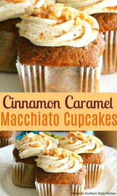 cinnamon caramel cupcakes with cream cheese frosting on top