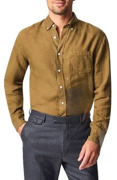 A button-down collar begins this lightweight and breathable sport shirt crafted from relaxed garment-dyed linen. 29" length; 44" chest (size Medium) Button-down collar Long sleeves with button cuffs 100% linen Machine wash, tumble dry Imported Casual Shirt With Pockets And Stand Collar, Spring Flax Button-up Shirt, Spring Shirt With Stand Collar And Pockets, Spring Shirt With Pockets And Stand Collar, Casual Workwear Shirt With Stand Collar, Linen Long Sleeve Shirt With Button Closure, Unstructured Linen Shirt With Button Cuffs, Long Sleeve Flax Shirt With Button Closure, Flax Long Sleeve Shirt With Button Closure