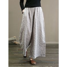 Season:Fall,Summer; Fabric:Polyester,Cotton And Linen; Gender:Women's; Style:Vintage,Casual,Lightweight,Fashion; Elasticity:Micro-elastic; Occasion:Vacation,Daily,Casual,Weekend; Function:Comfortable,Breathability; Waistline:Mid Waist; Pattern:Striped; Design:Pocket,Elastic Waist,Baggy; Pants Type:Pants Trousers,Wide Leg,Chinos,Baggy Pants; Front page:FF; Listing Date:07/21/2023; Production mode:External procurement; Hips:; Length:; Pants Length:Full Length Striped Linen Pants, Striped Wide Leg Pants, Cotton Linen Pants, Casual Wide Leg Pants, Linen Style, Summer Black, Moda Vintage, Summer Fabrics, Vintage Casual