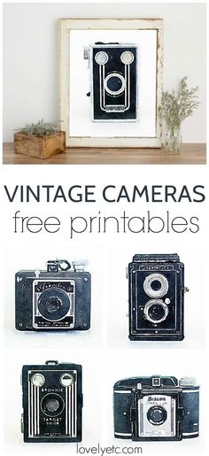 an old camera is shown with the words vintage cameras free printables on it