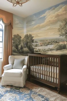 a baby's room with a large painting on the wall