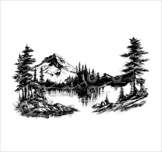 a black and white drawing of a mountain lake