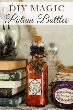 an orange bottle sitting on top of a table next to books and a glass jar