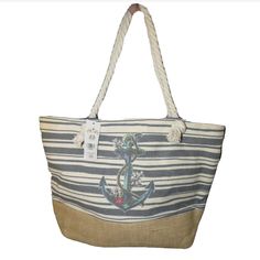 Alfa Bags Nautical Striped Anchor Print Large Tote Bag With Rope Handles. Zip Closure. New With Tag. Measures 19 1/2"X6"X13 1/2". Shoulder Drop Is 10". Smoke Free, Pet Free Home. Casual Navy Bucket Bag, Nautical Bags For Daily Summer Use, Nautical Canvas Bags For Daily Use, Nautical Style Beach Tote Bag, Nautical Canvas Bag For Daily Use, Nautical Navy Bag For Everyday Use, Nautical Tote Bag For Vacation, Nautical Style Navy Bag For Everyday Use, Nautical Style Tote Bag For Vacation