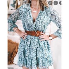 Zara Green/Blue Printed Tiered Ruffled Dress With Belt 0387/075 Sz-Sm Zara Green Dress, Dress With Waist Belt, Zara White Dress, Blue Knit Dress, Sequin Dress Short, Zara Mini Dress, Printed Short Dresses, Black Linen Dress, Zara Mini