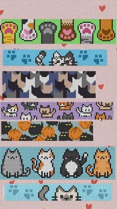 a cross stitch pattern with different types of cats and kittens on the side, all in