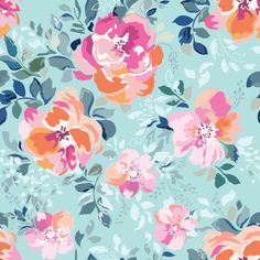 a floral pattern with pink and blue flowers