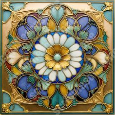 an ornate stained glass panel with gold and blue flowers in the center, surrounded by leaves