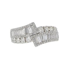 The primary material of this Diamond Baguette Bypass Ring is 18k White Gold, with a total carat weight of 2.18. The primary gemstone is a Diamond, with a secondary Diamond gemstone. The primary color is a G, with a secondary color of G-H. Emerald Cut Multi-stone Diamond Ring, Platinum Multi-stone Baguette Cut Rings, Multi-stone Baguette Cut Promise Ring, Baguette Cut Multi-stone Promise Rings, Classic Multi-stone Baguette Cut Diamond Ring, Classic Multi-stone Baguette Cut Rings, Diamond White Baguette Cut Diamond Ring, Fine Jewelry Platinum Cluster Ring With Baguette Cut, Diamond Ring With Baguette Diamonds And Open Ring Shape