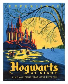 hogwart's at night poster hanging on a brick wall