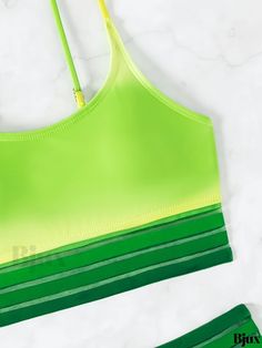 Bjux - Elegant Ombre Green Mesh Contrast 2 Piece Set Bikini, Stylish Scoop Neck High Waist Stretchy Swimsuits, Womens Exquisite Swimwear & Clothing Trendy Green Swimwear For Swimming, Summer Racerback Swimwear With Adjustable Straps, Sporty Multicolor Tankini For Summer, Green Sporty Tankini For Swimming, Sporty Green Tankini For Swimming, Green Sporty Tankini For Workout, Sporty Green Tankini For Workout, Sporty Multicolor Summer Tankini, Sleeveless Green Swimwear For Sports