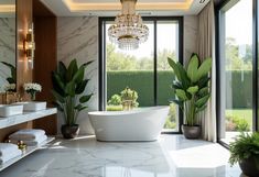 a large bathroom with a tub and two plants in front of the bathtub that is surrounded by glass doors