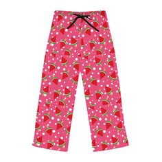 Add custom style to any loungewear collection with these custom watermelon printed pajama pants. Their 100% polyester jersey knit fabric, along with the relaxed fit, makes for the ultimate comfort choice while kicking back at home. Meanwhile, the back elastic with the drawstring tie creates the perfect fit while the all-over-print adds a stylish dimension unique to your taste.  .: 100% polyester .: White seam thread .: Light fabric (6 oz/yd² (203 g/m .: Relaxed comfort fit .: Back elastic and bl Casual Cotton Sleepwear With Strawberry Print, Casual Sleepwear With Fruit Print For Loungewear, Casual Sleepwear With Strawberry Print For Pajama Party, Casual Strawberry Print Sleepwear For Pajama Party, Casual Pink Wide Leg Sleepwear, Casual Sleepwear With All Over Print For Pajama Party, Casual Pink Sweatpants For Pajamas, Casual Pink Sweatpants For Pajama Party, Casual Red Sleepwear