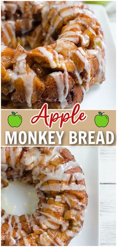 an apple monkey bread with icing and apples in the background, on a white plate