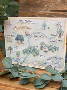 a map is displayed on a wooden bench with greenery around it and some leaves