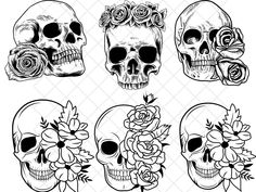 skulls with flowers and roses on their heads, set of four in black and white