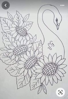 a drawing of a swan with sunflowers on it