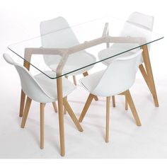 a glass dining table with white chairs and wooden legs on a white background in front of it