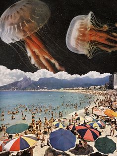 an image of jellyfish in the air above people at the beach with umbrellas