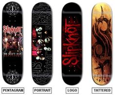 four skateboards with different designs on them and the names of each one in red