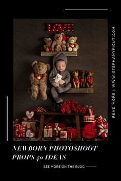 a baby is holding a teddy bear while surrounded by presents