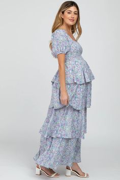 Blue Floral Square Neck Ruffle Layered Maternity Maxi Dress – PinkBlush Floral Print Chiffon Maxi Dress, Gender Reveal Dress, Layered Maxi Dress, Cute Maxi Dress, Maternity Maxi Dress, Elastic Top, Floral Print Chiffon, Maternity Maxi, Floral Squares