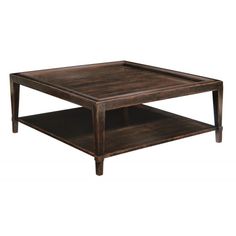 a square wooden table with two shelves on each side and one shelf below the coffee table