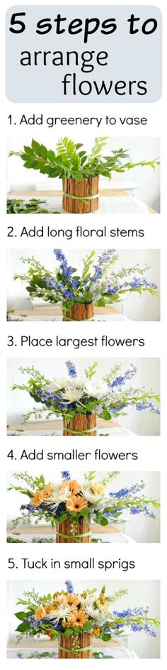 four steps to arrange flowers in different stages and sizes, with text overlaying the image