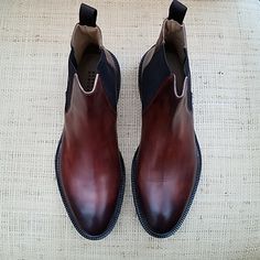 Very Cool New "Barneys New York" Slip-On Boots Color: Nature Tabacco Made In Italy, Size: 8.5 Leather Lined Chelsea Boots With Round Toe For Galas, Calf Leather Chelsea Boots With Round Toe For Galas, Round Toe Calf Leather Chelsea Boots For Galas, Leather Chelsea Boots With Goodyear Welt, Goodyear Welted Leather Chelsea Boots With Round Toe, Brown Chelsea Boots With Round Toe For Galas, Brown Round Toe Chelsea Boots For Galas, Calf Leather Chelsea Boots With Heel Pull Tab, Formal Bridle Leather Boots With Round Toe