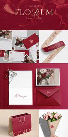 red and white wedding stationery with flowers in vases on the bottom right corner