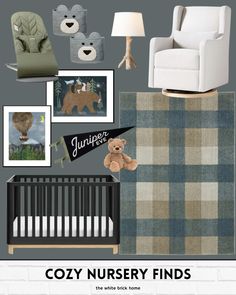 the nursery is decorated in grey and white with teddy bears, bear rugs, crib bedding, rocking chair, lamp, pictures on brick wall