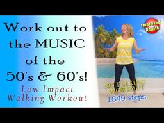 a woman standing in front of a poster with the words work out to the music of the 50's & 60's