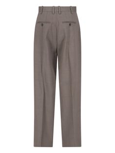 Filippa K Darcey wide pants in brown stretch fabric and wool with high waist, belt loops, zip and hook closure, two front pleats, two side flat pockets, two welt pockets with button at the back, wide leg. Composition: 54% Polyester, 44% Wool, 2% Elastane Brown Wide Leg Pants With Belt Loops For Work, Brown High-waisted Wide Leg Pants With Belt Loops, Tailored Brown Wide Leg Pants For Work, Classic Brown Wide Leg Pants For Business Casual, Brown Pressed Crease Office Bottoms, Brown Office Pants With Pressed Crease, Brown Business Bottoms With Belt Loops, Brown Dress Pants With Belt Loops For Business, Business Brown Bottoms With Belt Loops