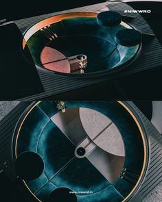 two pictures of the inside of a round table