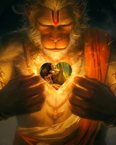 a monkey holding a heart in his hands with the light coming from it's eyes