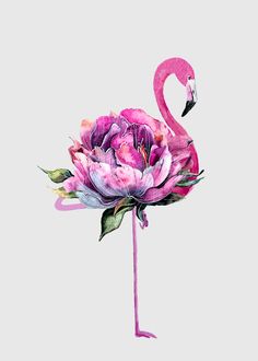 a pink flamingo standing on top of a lush green flower covered in watercolor